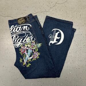 Y2K Christian Audigier Denim blue jeans with embroidery and rose design
